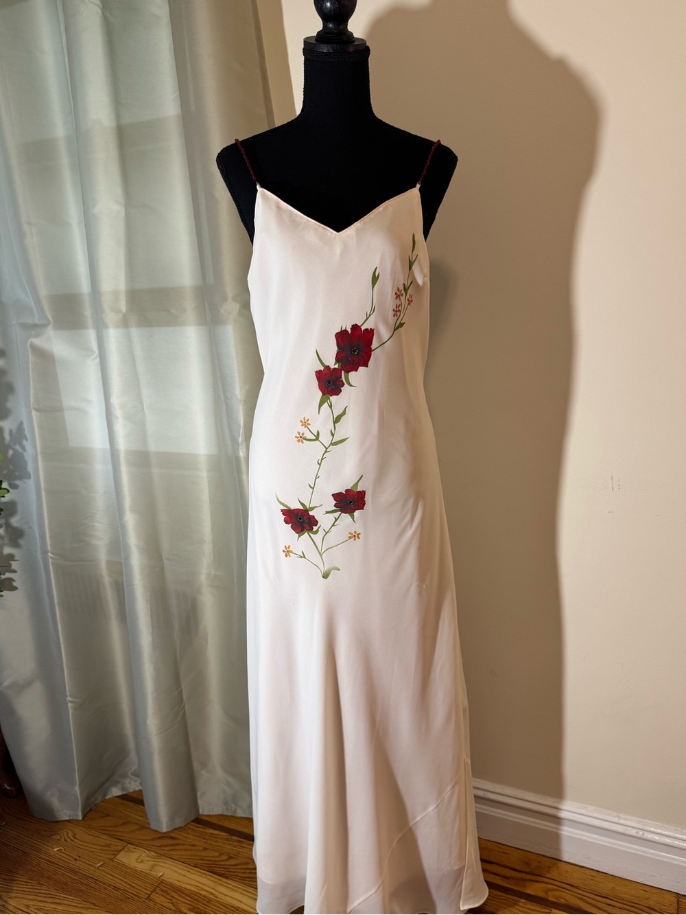 Elegant White Slip Dress with Red Floral Embroidery